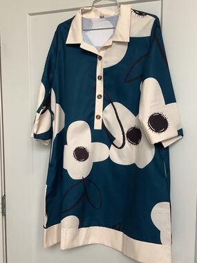 Teal Floral Button-Front Tunic Dress with Cream Accents